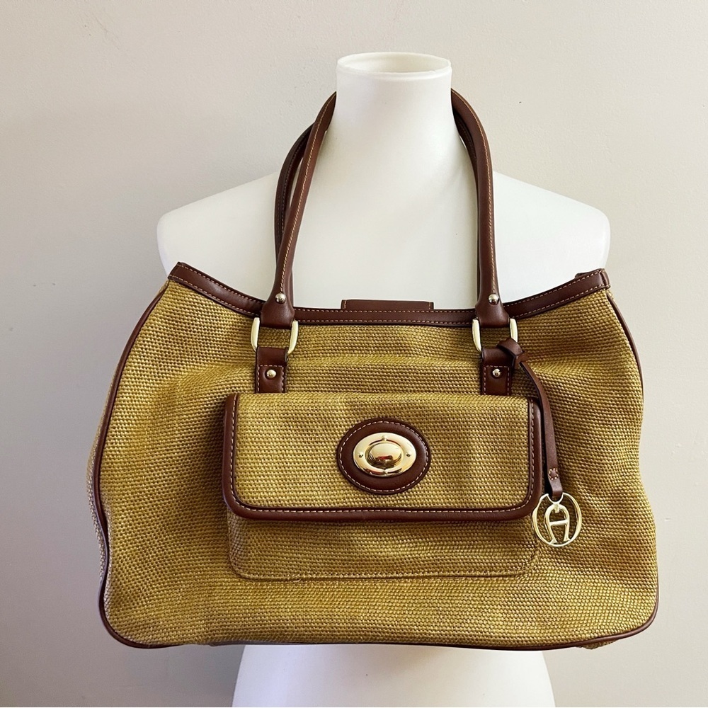 Vintage Etienne Aigner Tan & Brown Shoulder Bag Jute Cotton Coastal Retro